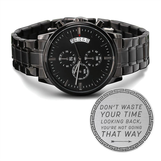 Don't Waste Your Time | Engraved Black Chronograph Watch