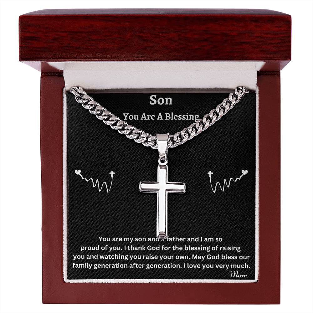 Son You Are A Blessing_Artisan Cross Necklace on Cuban Chain w/ MC